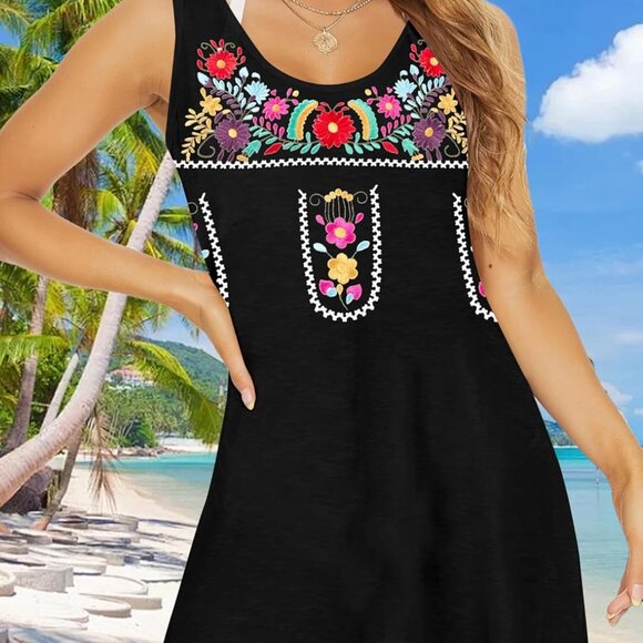 Women Mexican Embroidered Summer Boho Sleeveless Sundress Large - Picture 4 of 8